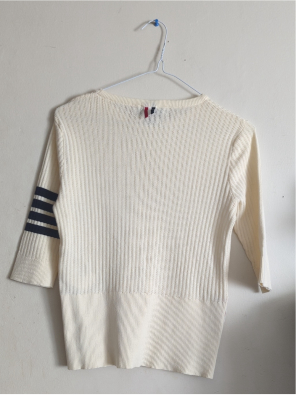 Thom Browne Cream Short-Sleeve Knit with Black Sleeve Stripes - Picture 5 of 10